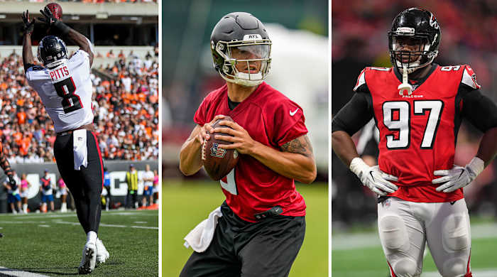 Kyle Pitts stands tall to catch the ball; Desmond Ridder holds the ball getting ready to throw; Grady Jarrett stands with his hands on his hips